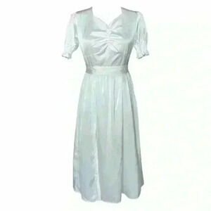 Satin Silky Soft Midi Dress Side Slit Puff Sleeve